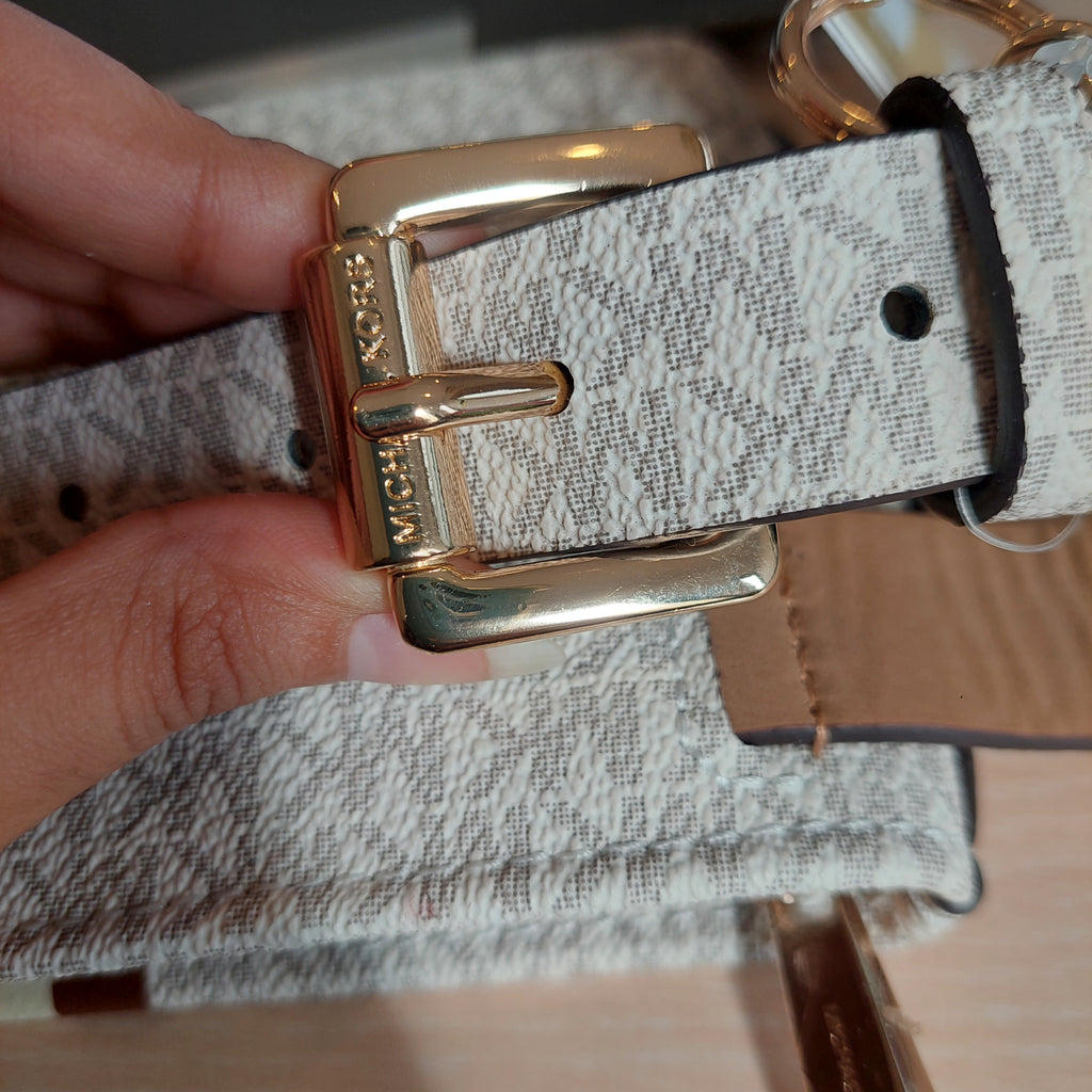 Michael Kors White & Brown Monogram Center Stripe Faux-Leather Belt Bag | Brand New |