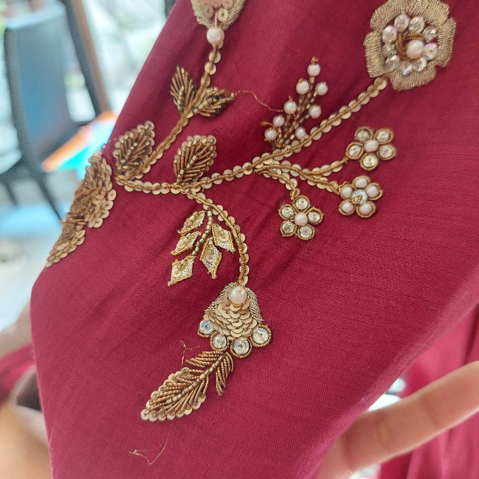 Sania Maskatiya Maroon Embellished Peshwaz with Dupatta | Pre Loved |