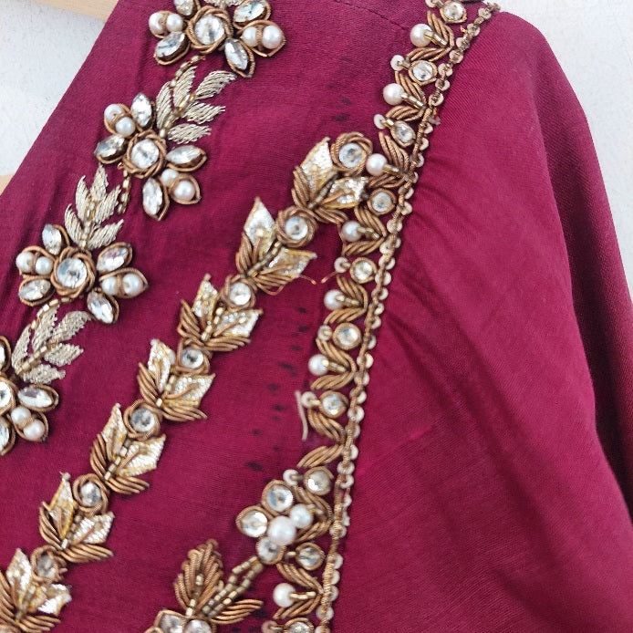 Sania Maskatiya Maroon Embellished Peshwaz with Dupatta | Pre Loved |