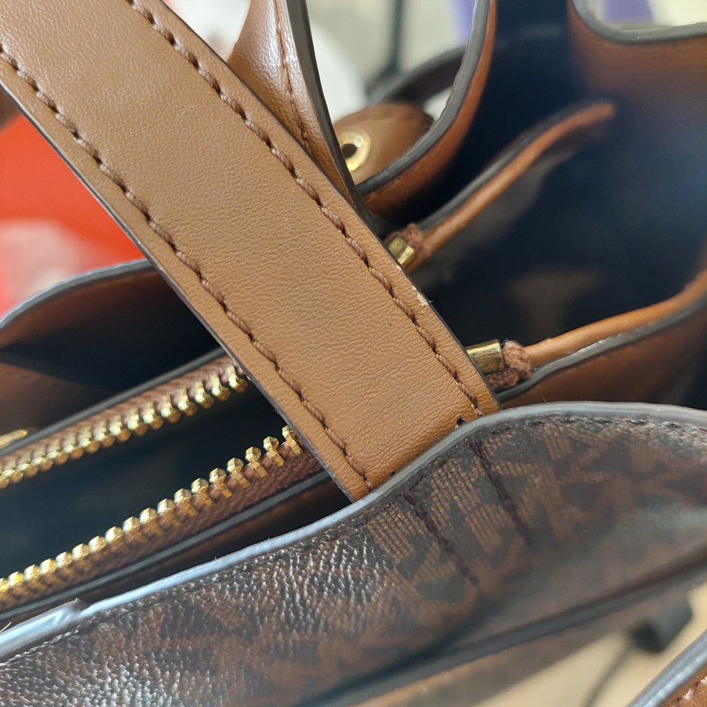 Michael Kors Emilia Large Triple Compartment Signature Brown Mk Satchel Bag | Pre Loved |