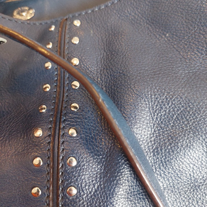 Michael Kors Astor Navy Blue Leather Silver Studded Hobo Bag | Pre Loved |