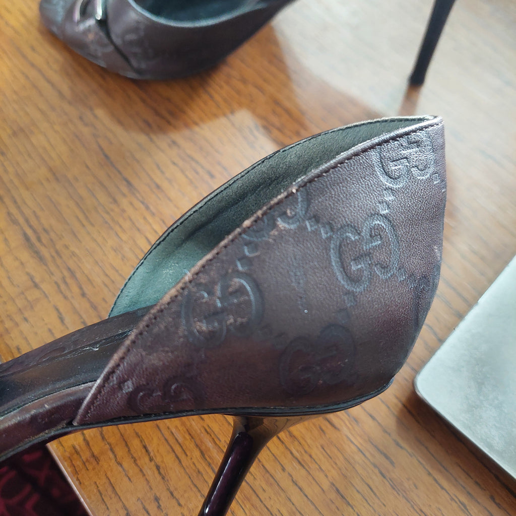 Gucci Brown Guccissima Leather Horsebit D'orsay Peep Toe Pumps | Pre Loved |