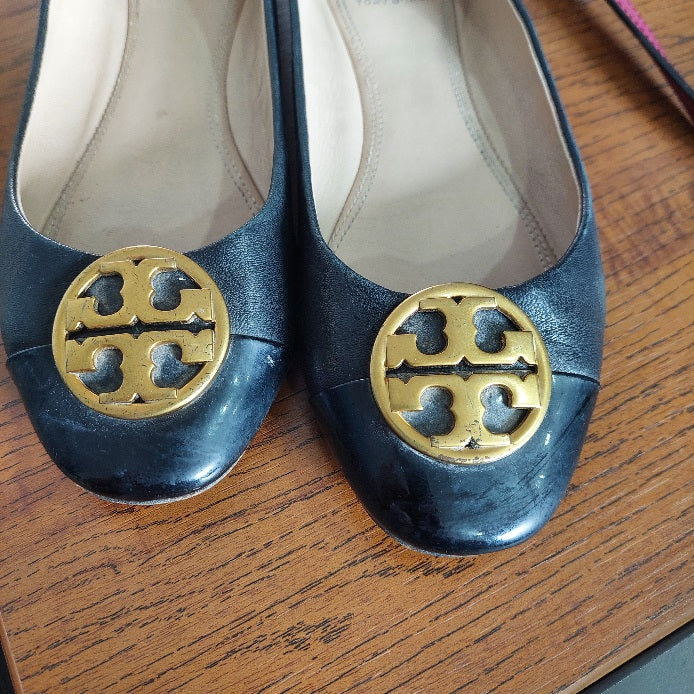 Tory Burch Black Leather Chelsea Cap-Toe Ballet Flats | Pre Loved |
