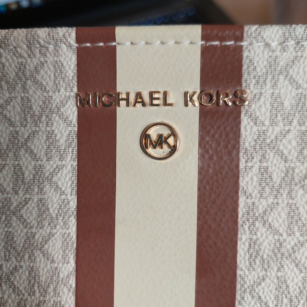Michael Kors White & Brown Monogram Center Stripe Faux-Leather Belt Bag | Brand New |
