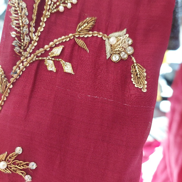 Sania Maskatiya Maroon Embellished Peshwaz with Dupatta | Pre Loved |