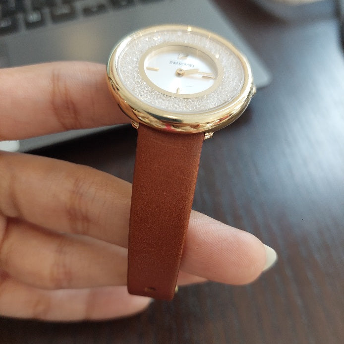 Swarovski Crystalline Brown Leather Strap Watch | Pre Loved |