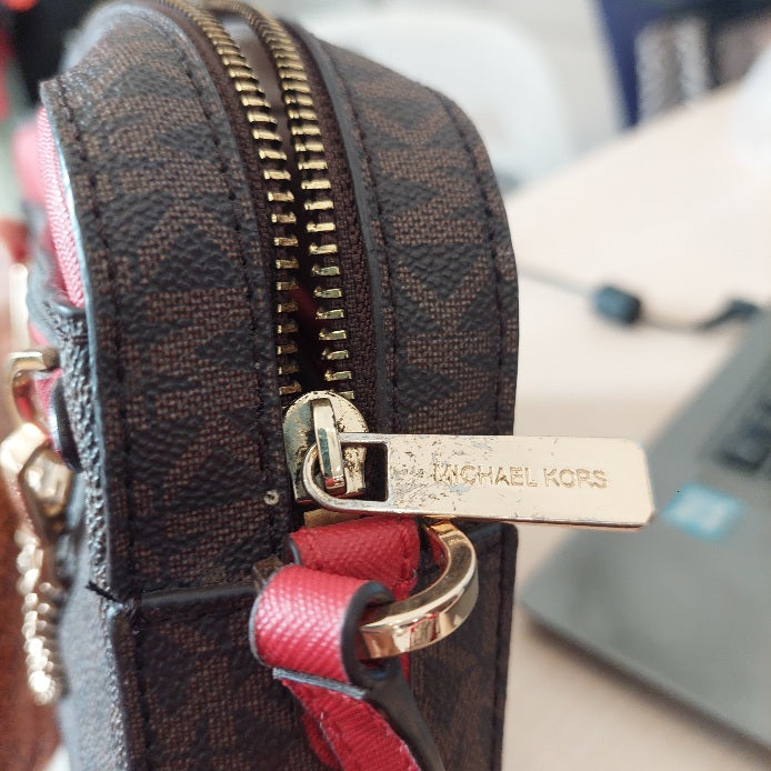 Michael Kors Brown & Red Jet Set Large Logo Crossbody Bag | Pre Loved |
