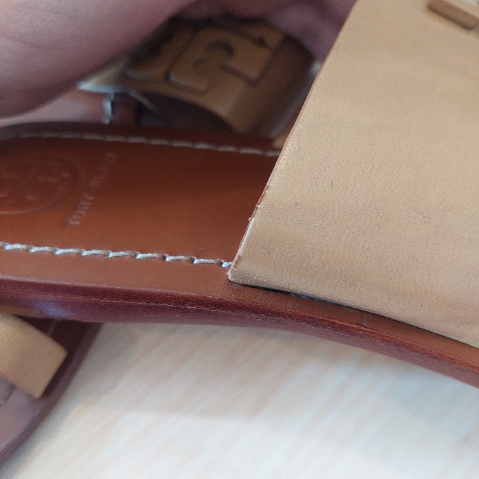 Tory Burch Beige Leather 'Lowell 2' Flat Slide Sandals | Pre Loved |