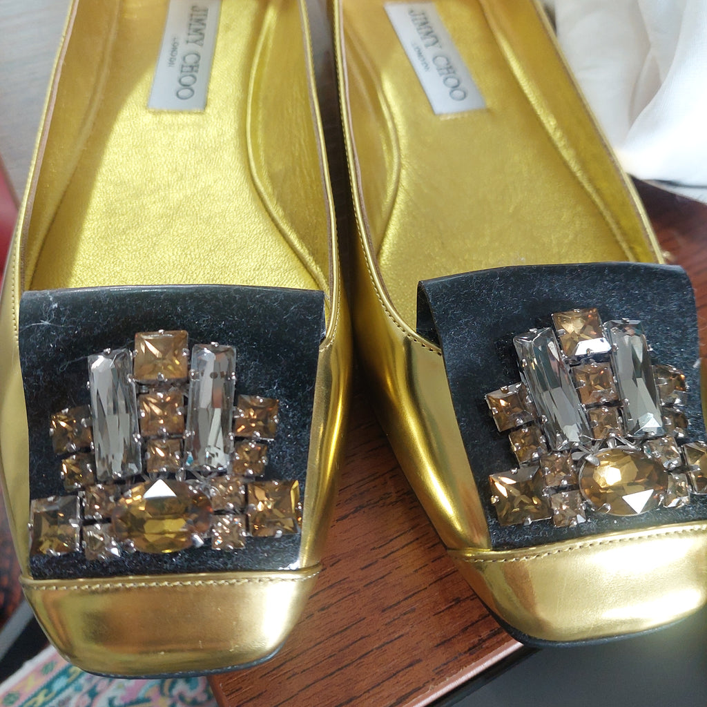 Jimmy Choo Metallic Yellow Leather Embellished Ballet Flats | Gently Used |