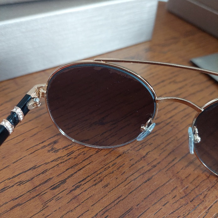 Bvlgari Black Gold Jeweled Double Bridge 6085-B Aviator Sunglasses | Pre Loved |