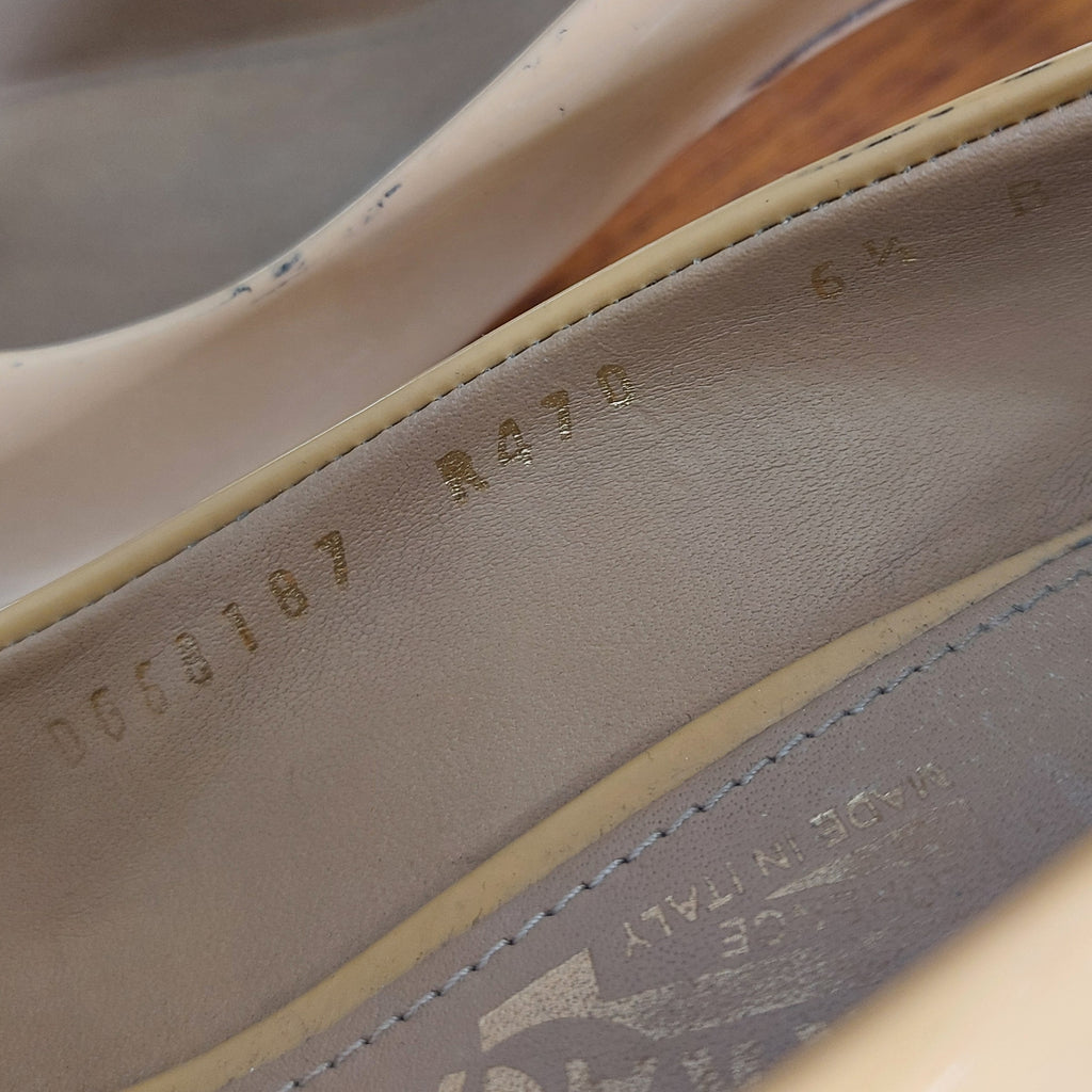 Salvatore Ferragamo Beige Patent Leather Peep Toe Heels | Pre Loved |