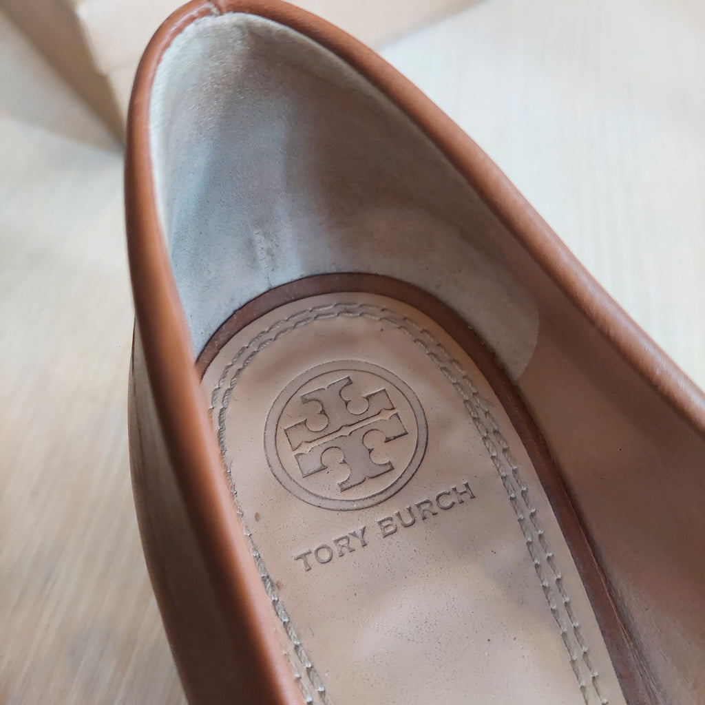 Tory Burch Brown Leather Gabriel Wedge Pumps | Pre Loved |