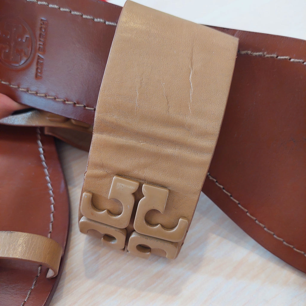 Tory Burch Beige Leather 'Lowell 2' Flat Slide Sandals | Pre Loved |