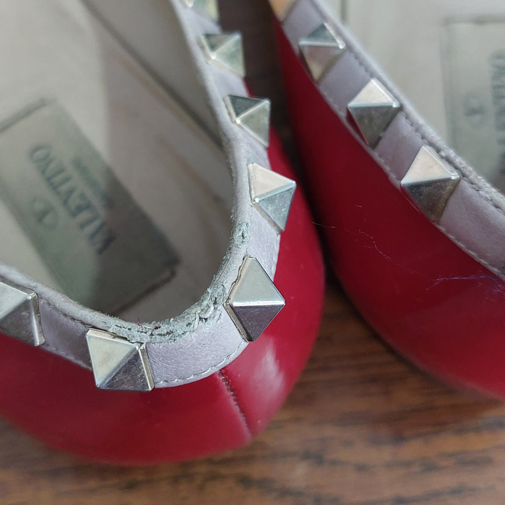 Valentino Red Patent Leather Rockstud Pointed Toe Ballerina Flats | Pre Loved |