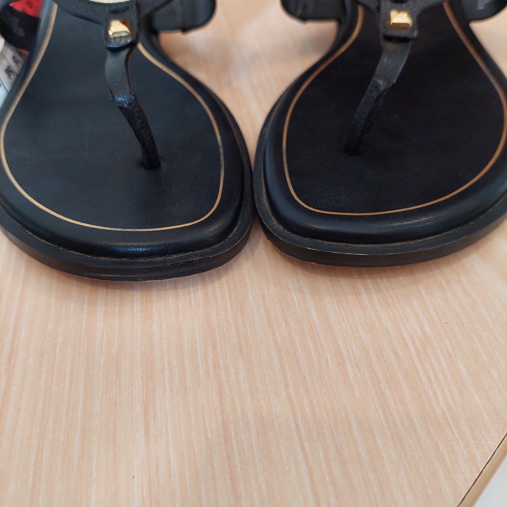 Michael Kors Black Aubrey Cutout Leather T-Strap Sandals | Gently Used |