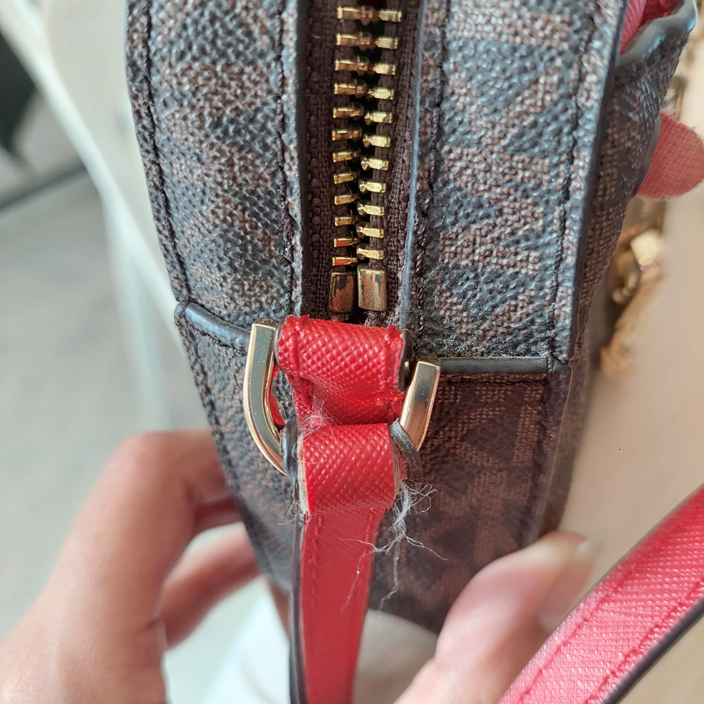 Michael Kors Brown & Red Jet Set Large Logo Crossbody Bag | Pre Loved |