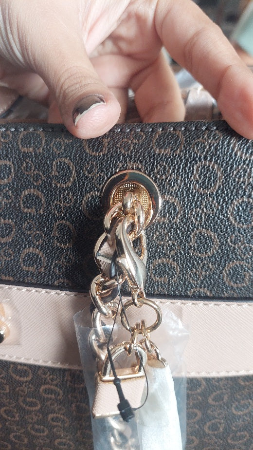 GUESS Brown & Beige Brooker Logo Satchel Bag | Brand New |