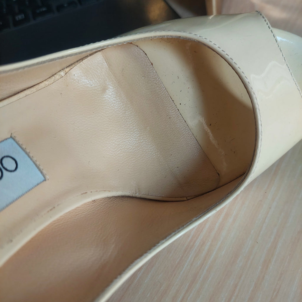 Jimmy Choo Cream Patent Leather Peep-toe Wedges | Pre Loved |