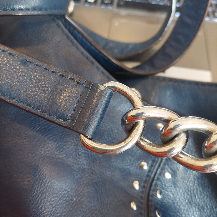 Michael Kors Astor Navy Blue Leather Silver Studded Hobo Bag | Pre Loved |