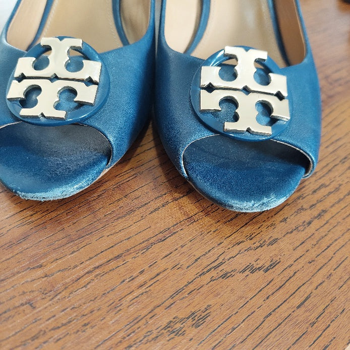 Tory Burch Blue Claire Open Toe Wedges | Pre Loved |