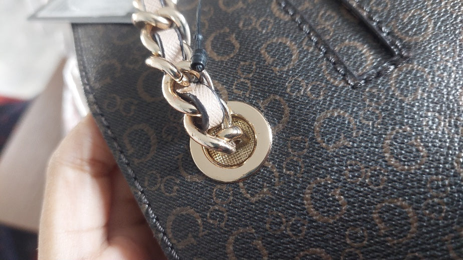 GUESS Brown & Beige Brooker Logo Satchel Bag | Brand New |