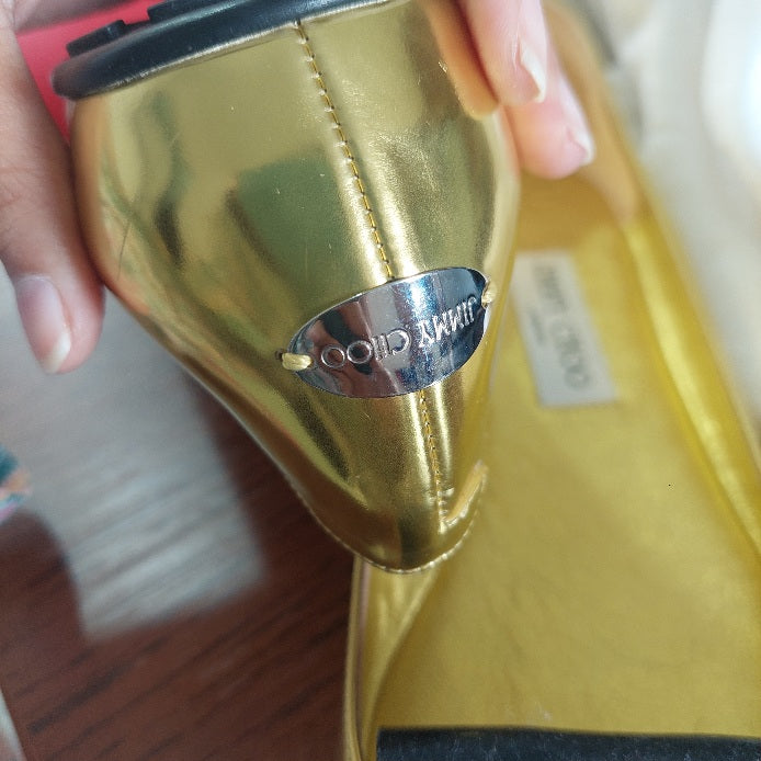 Jimmy Choo Metallic Yellow Leather Embellished Ballet Flats | Gently Used |