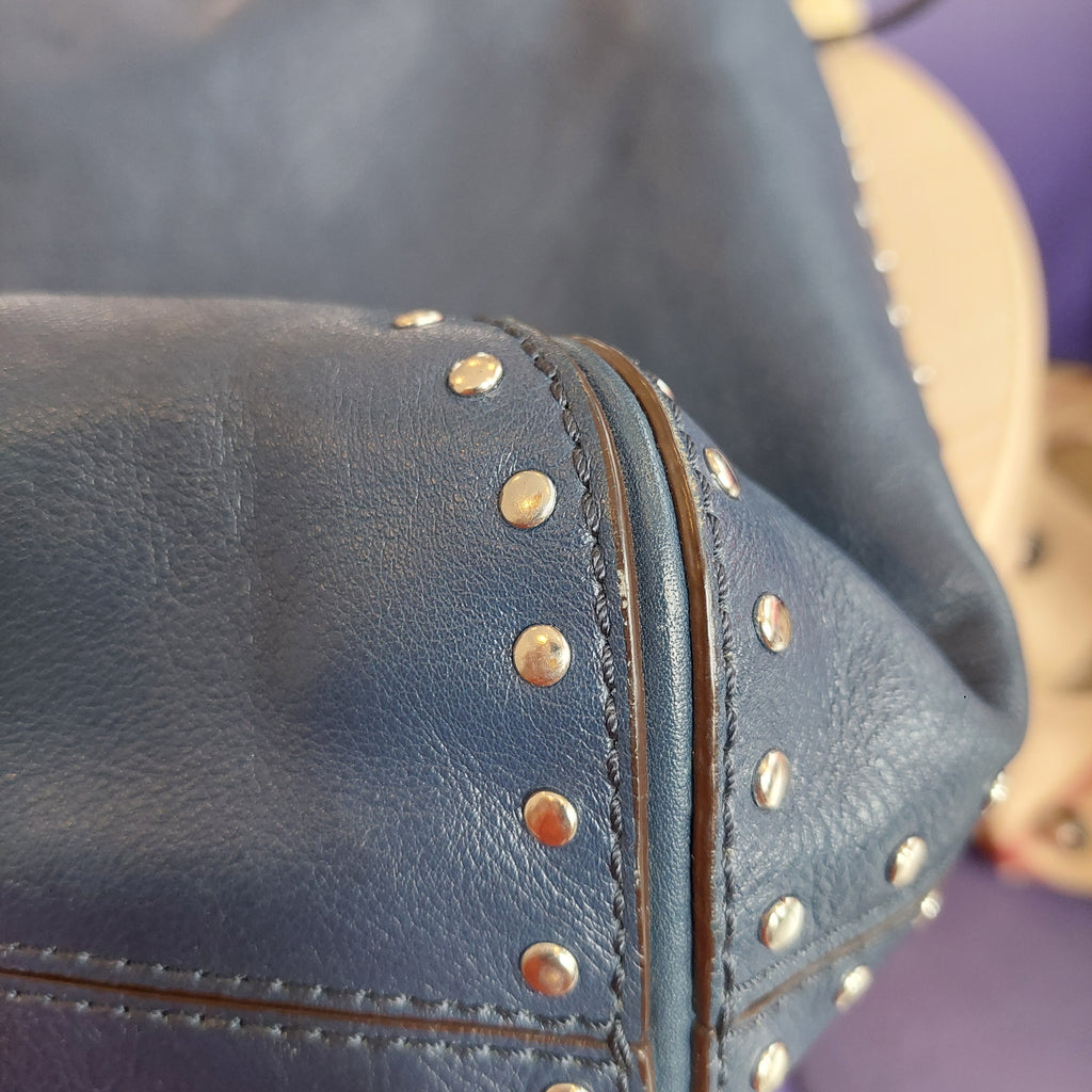 Michael Kors Astor Navy Blue Leather Silver Studded Hobo Bag | Pre Loved |