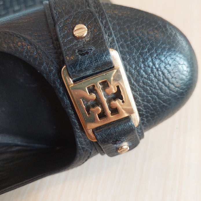 Tory Burch Black Pebbled Leather Natalya Wedges | Pre Loved |