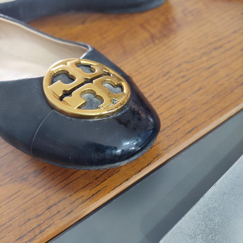 Tory Burch Black Leather Chelsea Cap-Toe Ballet Flats | Pre Loved |