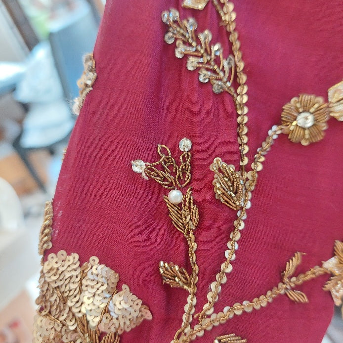 Sania Maskatiya Maroon Embellished Peshwaz with Dupatta | Pre Loved |