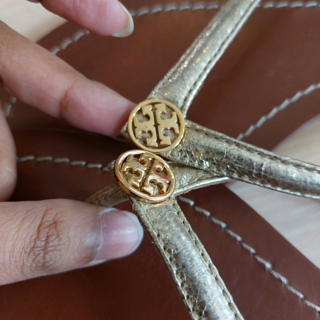 Tory Burch Gold Metallic Terra Vegan Leather Thong Flip Flops | Pre Loved |