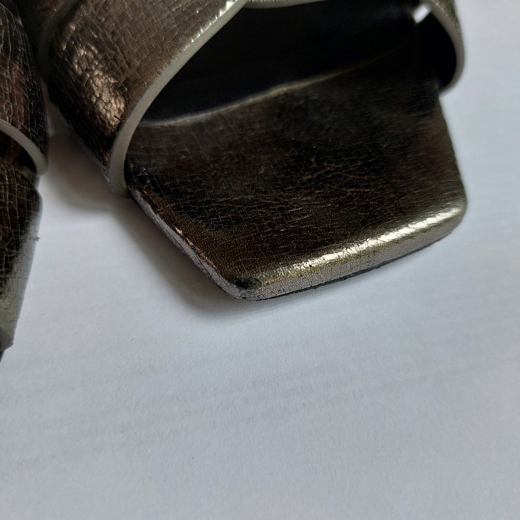 Saint Laurent Silver Metallic Leather Tribute Slide Sandals | Pre Loved |