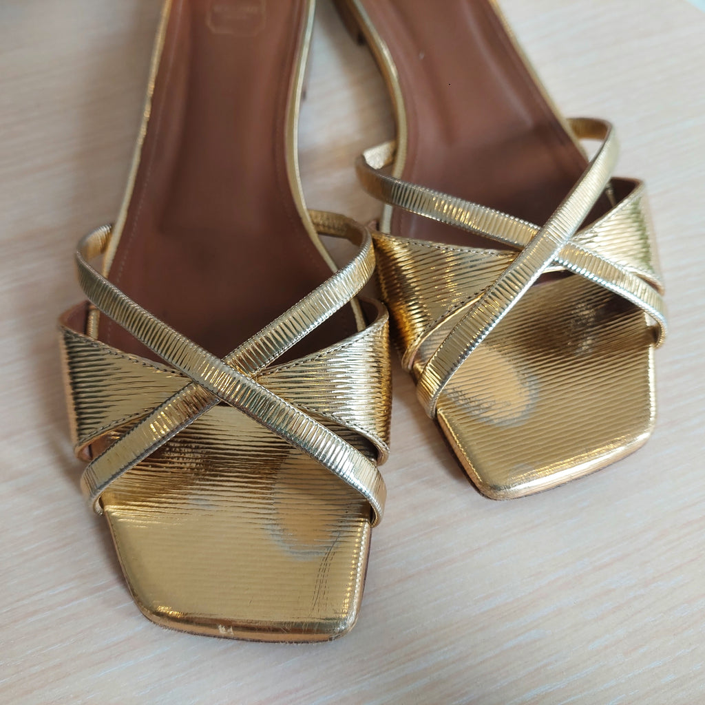 Malone Souliers Gold Textured Leather Penn Flat Slides | Pre Loved |