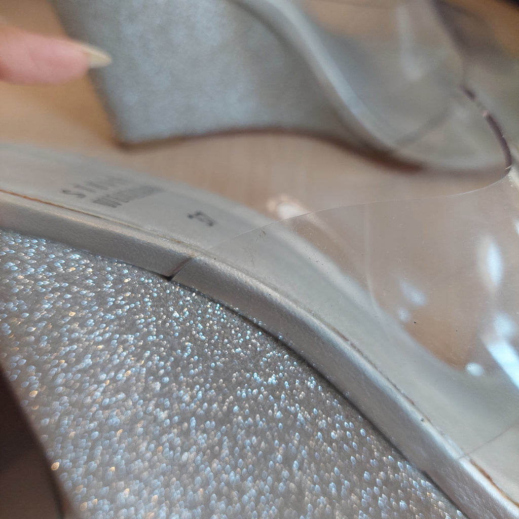 Stuart Weitzman Silver Glitter & Vinyl Wedges | Pre Loved |