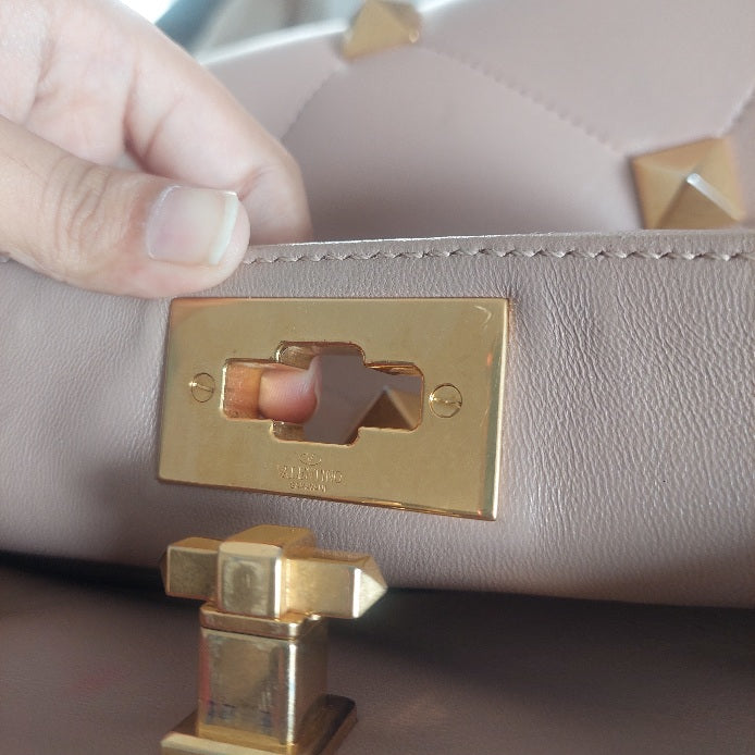 Valentino Rose Cannelle Leather Medium Roman Stud Top Handle Bag | Pre Loved |
