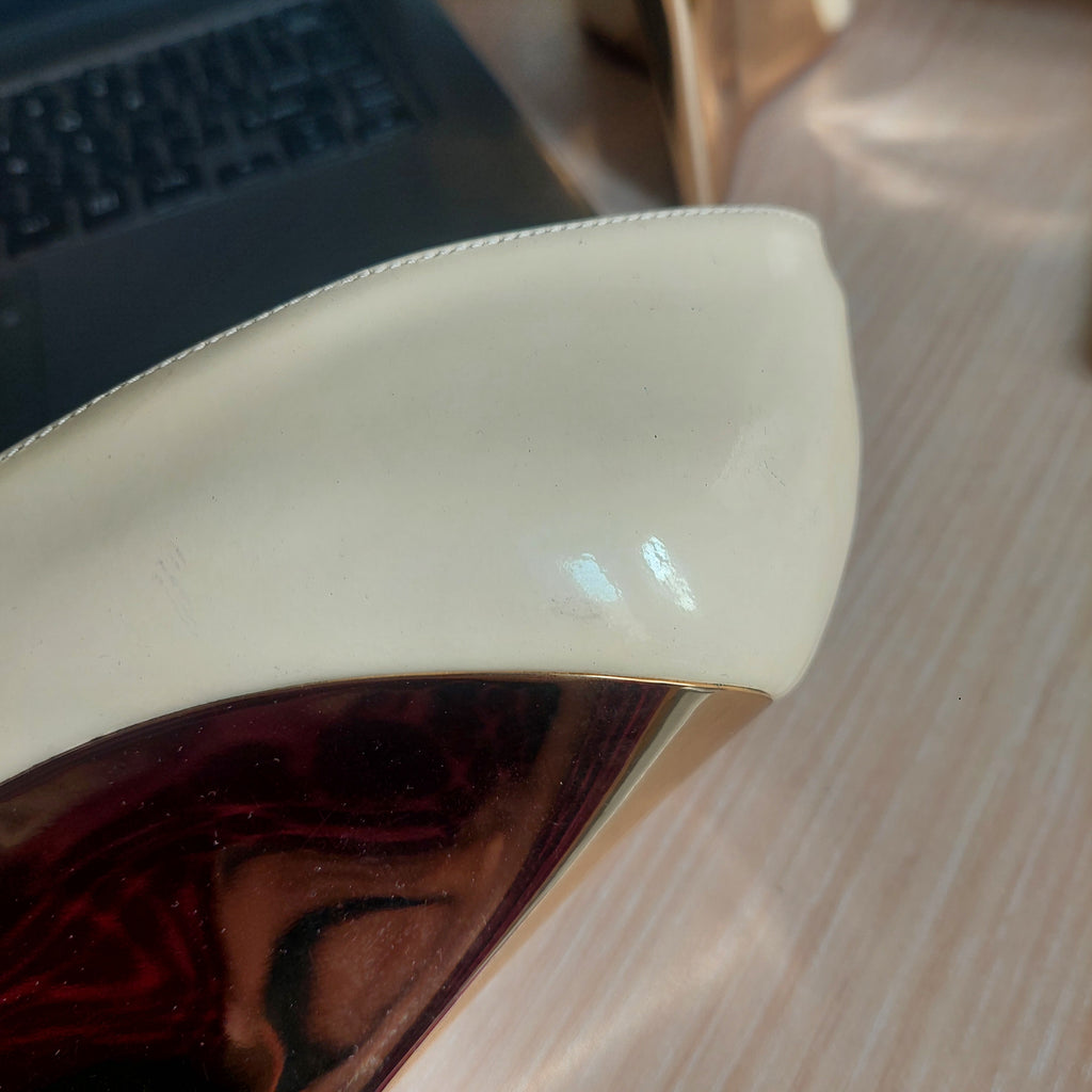 Jimmy Choo Cream Patent Leather Peep-toe Wedges | Pre Loved |