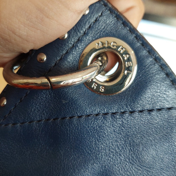 Michael Kors Astor Navy Blue Leather Silver Studded Hobo Bag | Pre Loved |