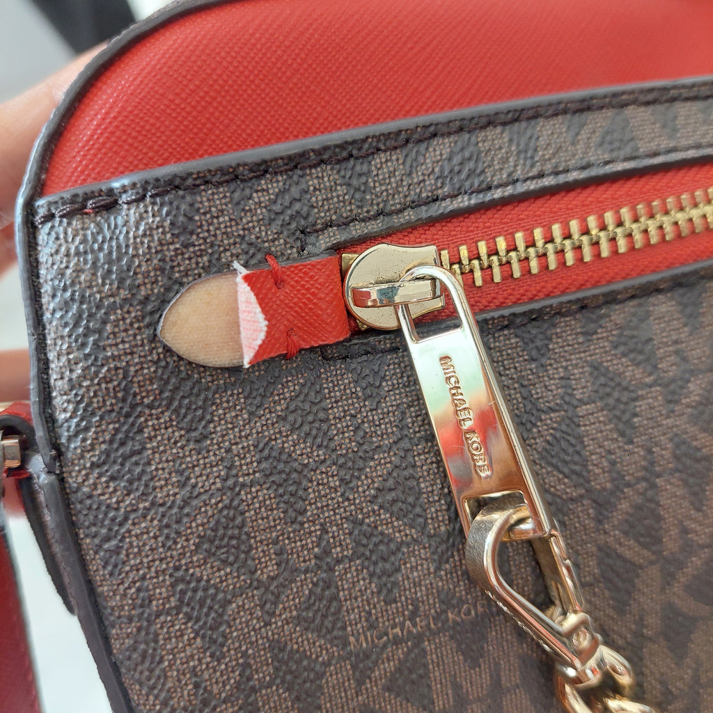 Michael Kors Brown & Red Jet Set Large Logo Crossbody Bag | Pre Loved |