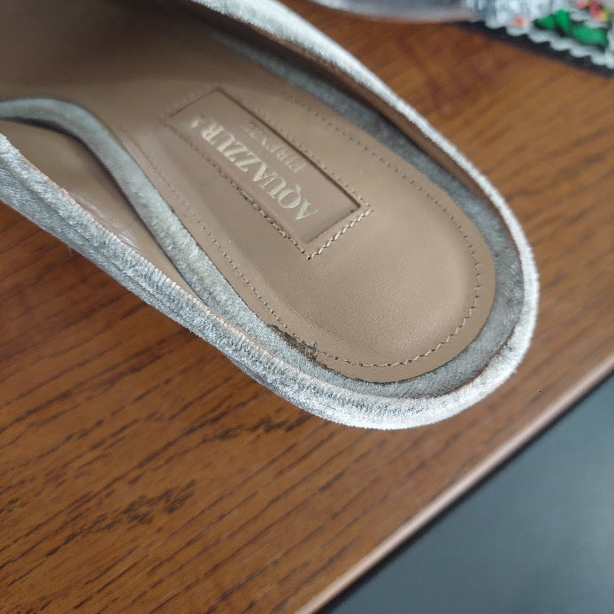 Aquazzura Grey Velvet Powder Puff Mules | Pre Loved |