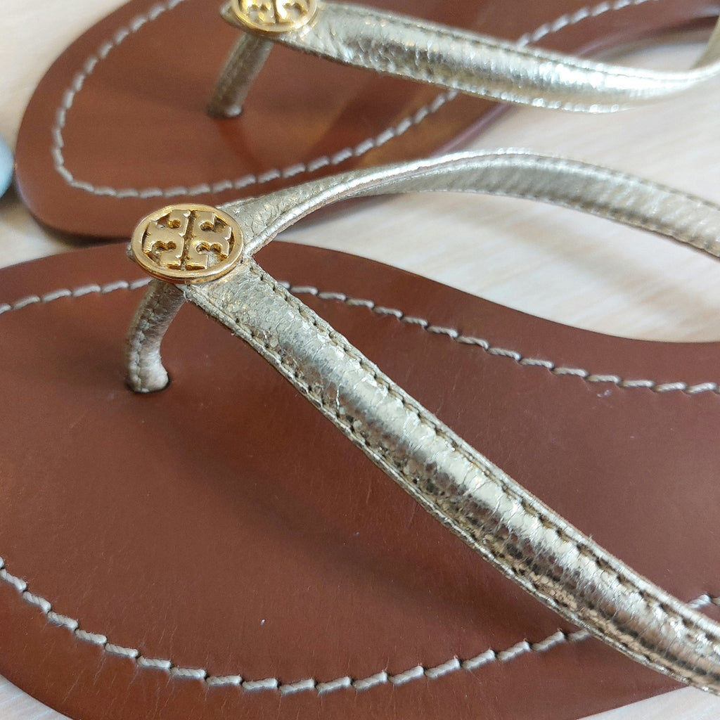 Tory Burch Gold Metallic Terra Vegan Leather Thong Flip Flops | Pre Loved |