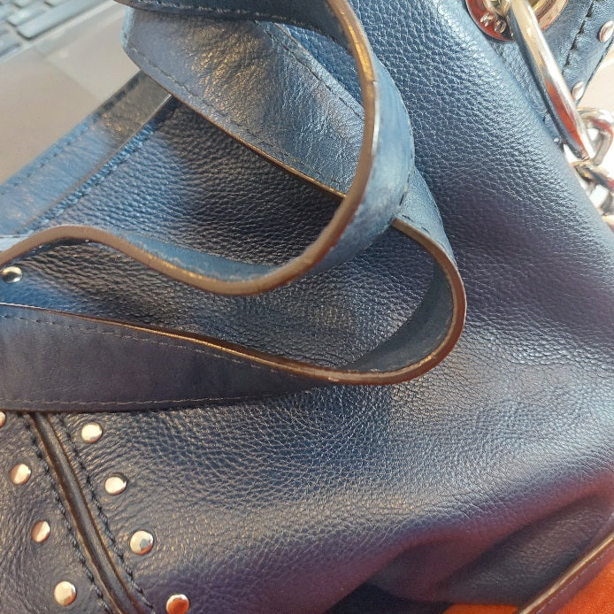 Michael Kors Astor Navy Blue Leather Silver Studded Hobo Bag | Pre Loved |