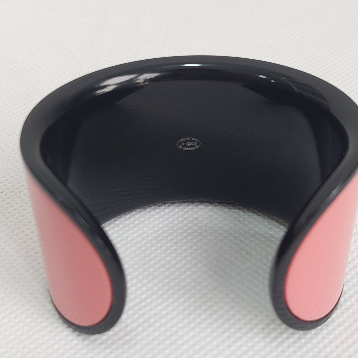 Chanel Coral Pink and Black Resin CC Logo Cuff Bracelet | Like New |