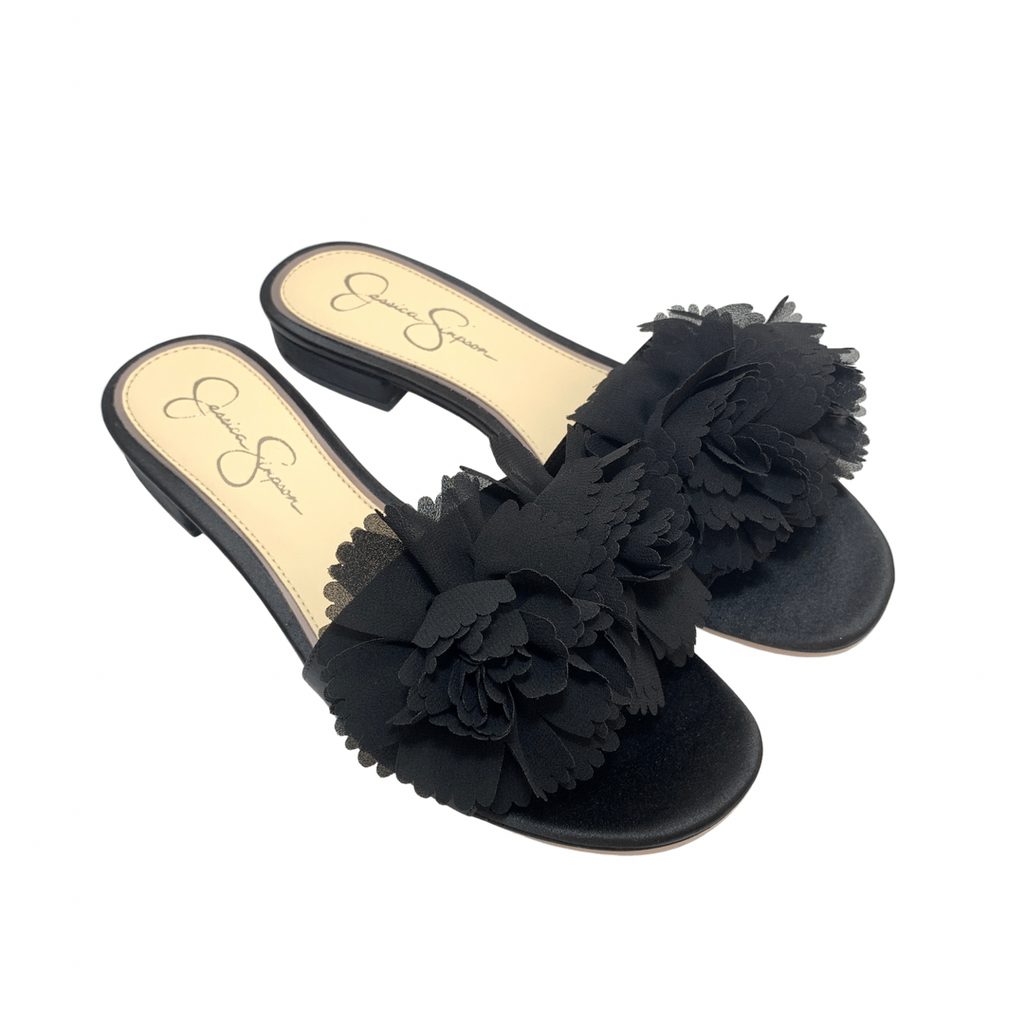 Jessica Simpson Black Floral Satin Sandals | Brand New |