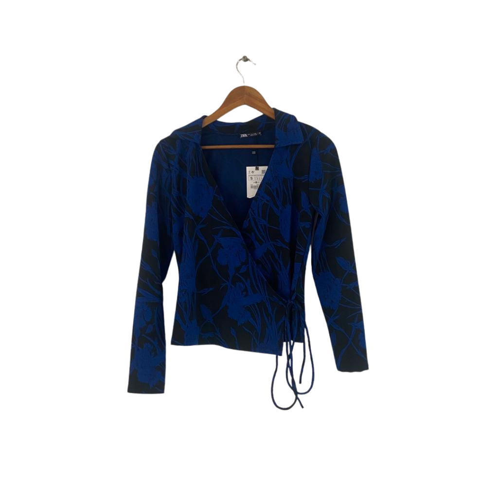 ZARA Blue and Black Cross-over Blouse | Brand New |