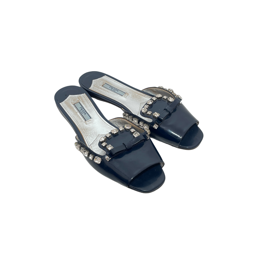 Prada Navy Patent Leather Rhinestone Peep-toe Slides | Pre Loved |