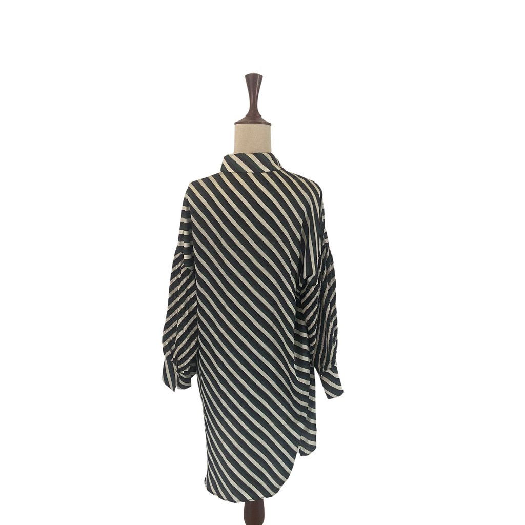 ZARA Green Diagonal Striped Pleated Sleeves Shirt | Gently Used |