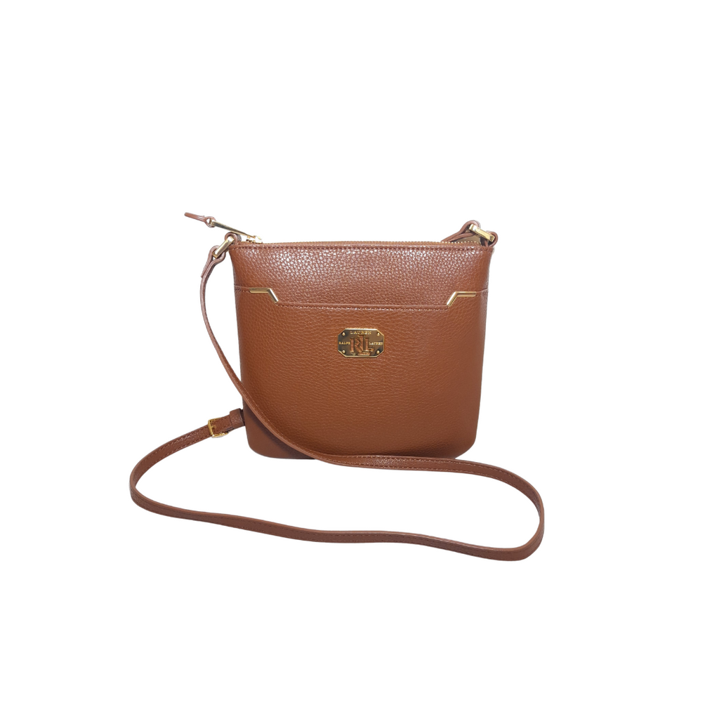 Ralph Lauren Tan Pebbled Leatherette Square Crossbody Bag | Pre Loved |