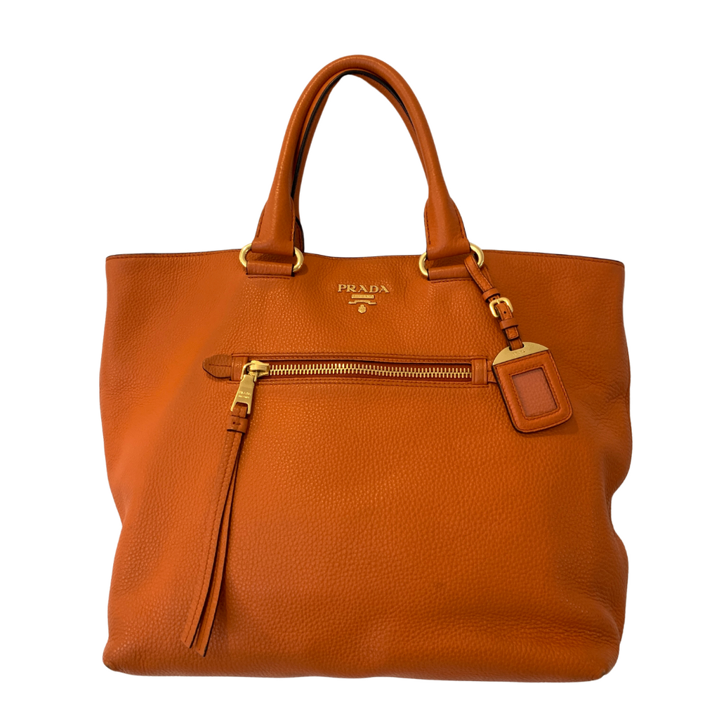 Prada Orange Pebbled Leather Front-zip Convertible Tote | Pre Loved |