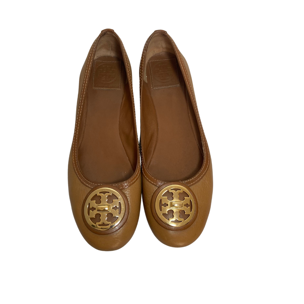 Tory Burch Tan Leather "Selma" Logo Ballet Flats | Pre Loved |