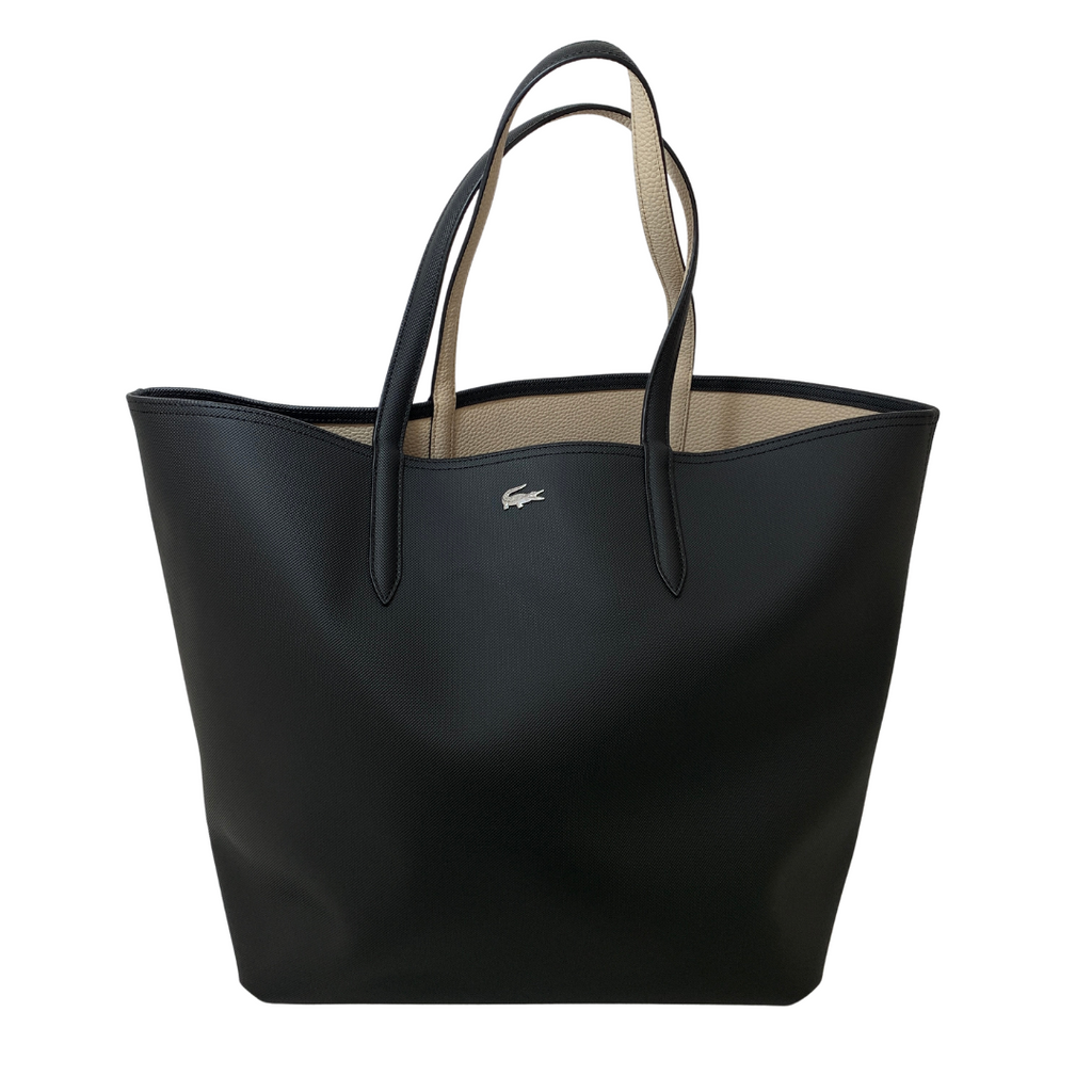 Lacoste Black & Beige Pebbled Leather Reversible Shopping Tote | Gently Used |